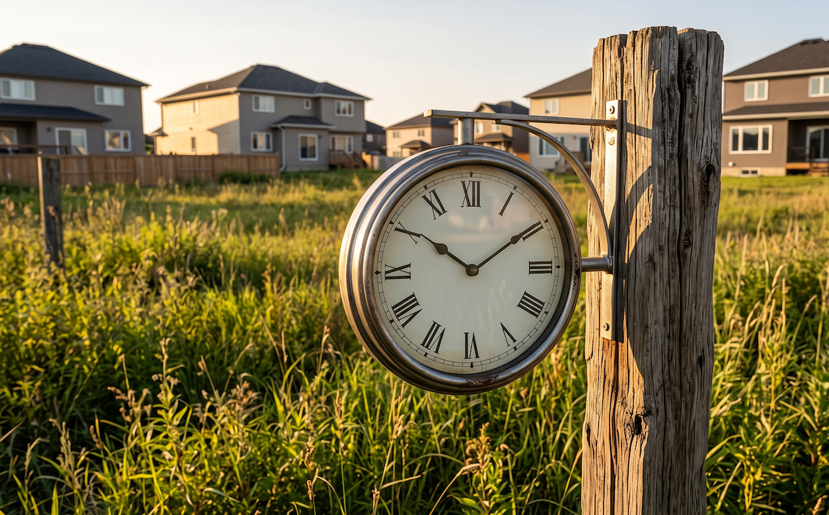 A large analog wall clock mounted on a weathered wooden fence